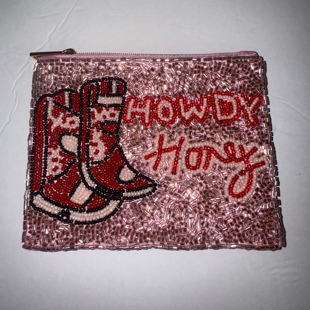 Beaded Pink & Red NWT  'Howdy Honey' Cowboy Boots Coin Purse w/ Zipper Close